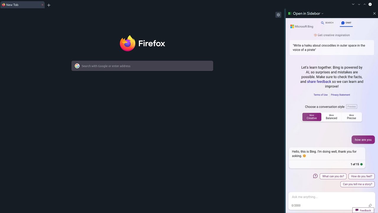 Enable Microsoft Edge like Bing AI sidebar in Firefox or Chrome