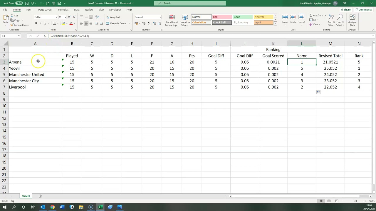 League Table Algorithm in Excel to rank teams on points, goal diff, goals scored & alphabetically