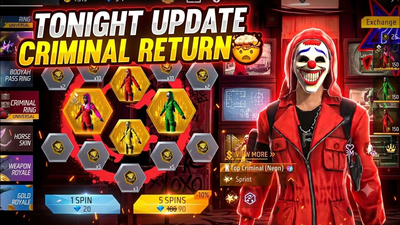 FF Tonight Update🔥🤯 | criminal bundle return free fire | ff new event | next universal ring event 
