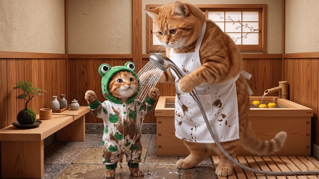 Ginger Kitten Cleans a Dirty River and Surprises Mama Cat 🐱💧