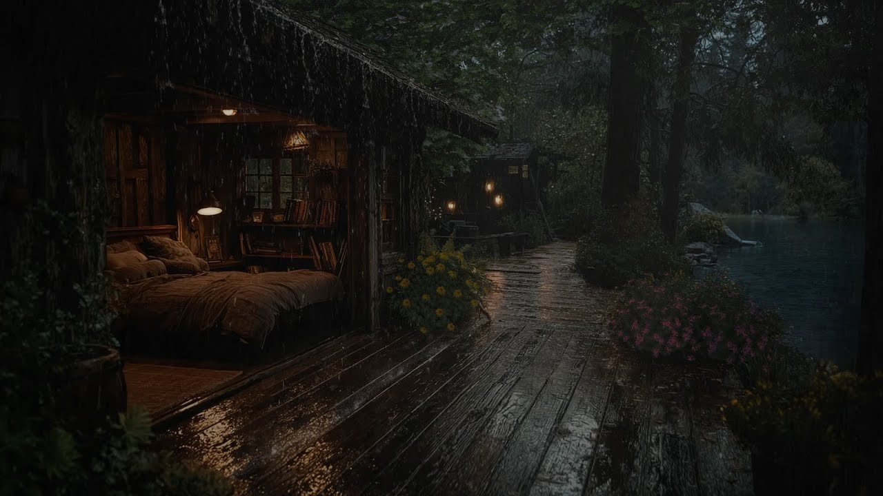 Peaceful Rain Cabin by the Lakeside Forest🌧️🌲Raindrops & Thunder | Ideal Ambience for Sleep & Relax