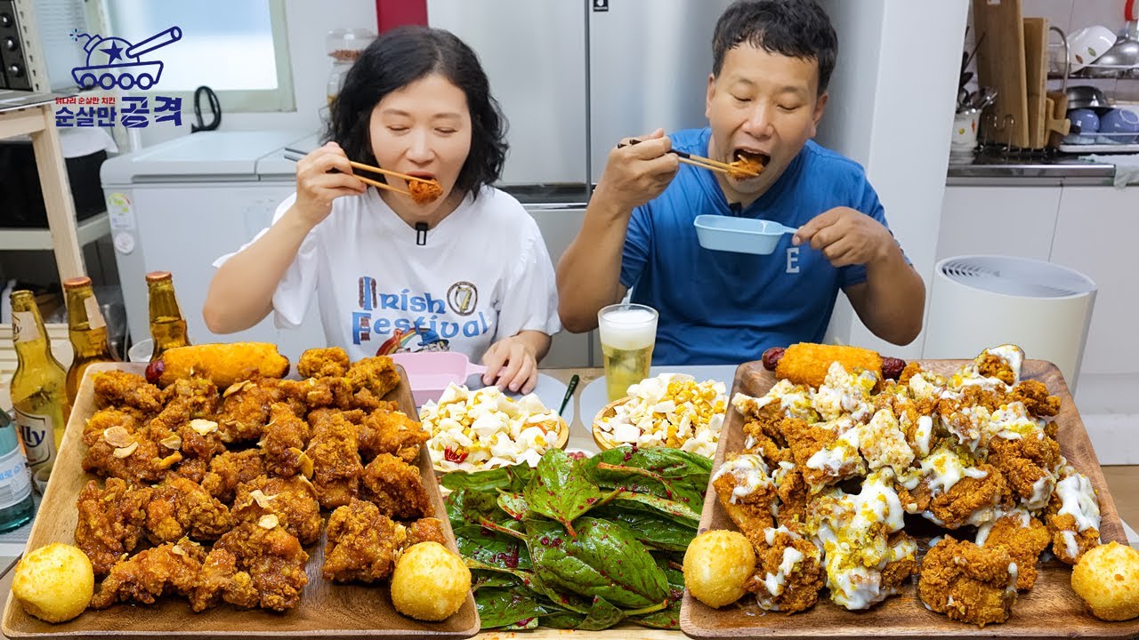 Корейский жареный цыпленок, салат из капусты пиво АСМР МУКБАНГ EATING SHOW