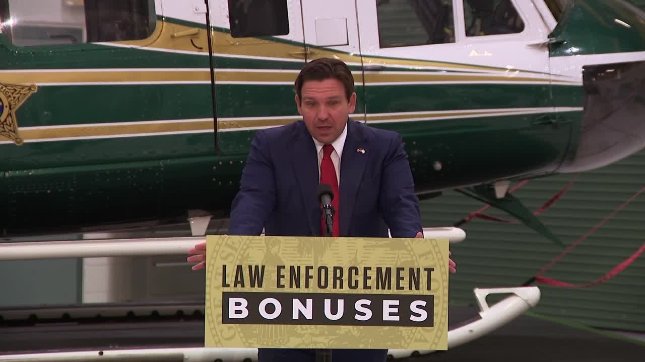 Gov. DeSantis holds news conference at Collier County Sheriff's Office Aviation Hangar