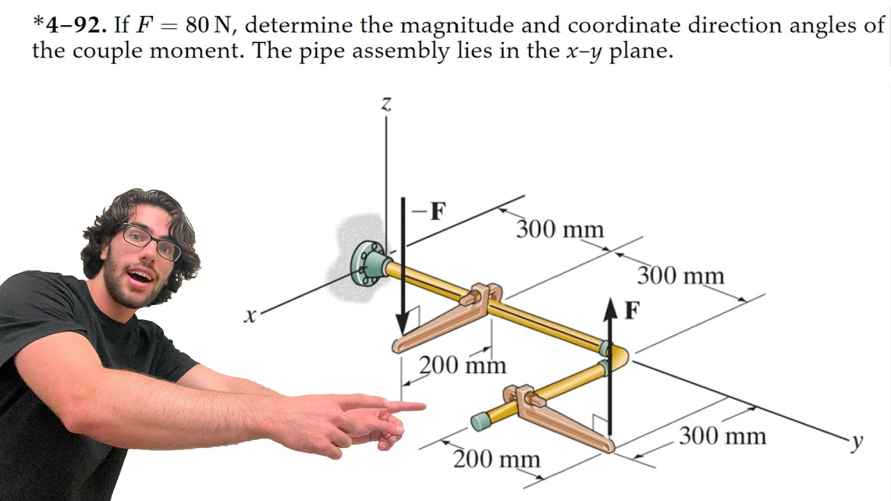 The pipe assembly lies in the x-y plane. Determine the magnitude of the couple moment - 4-92
