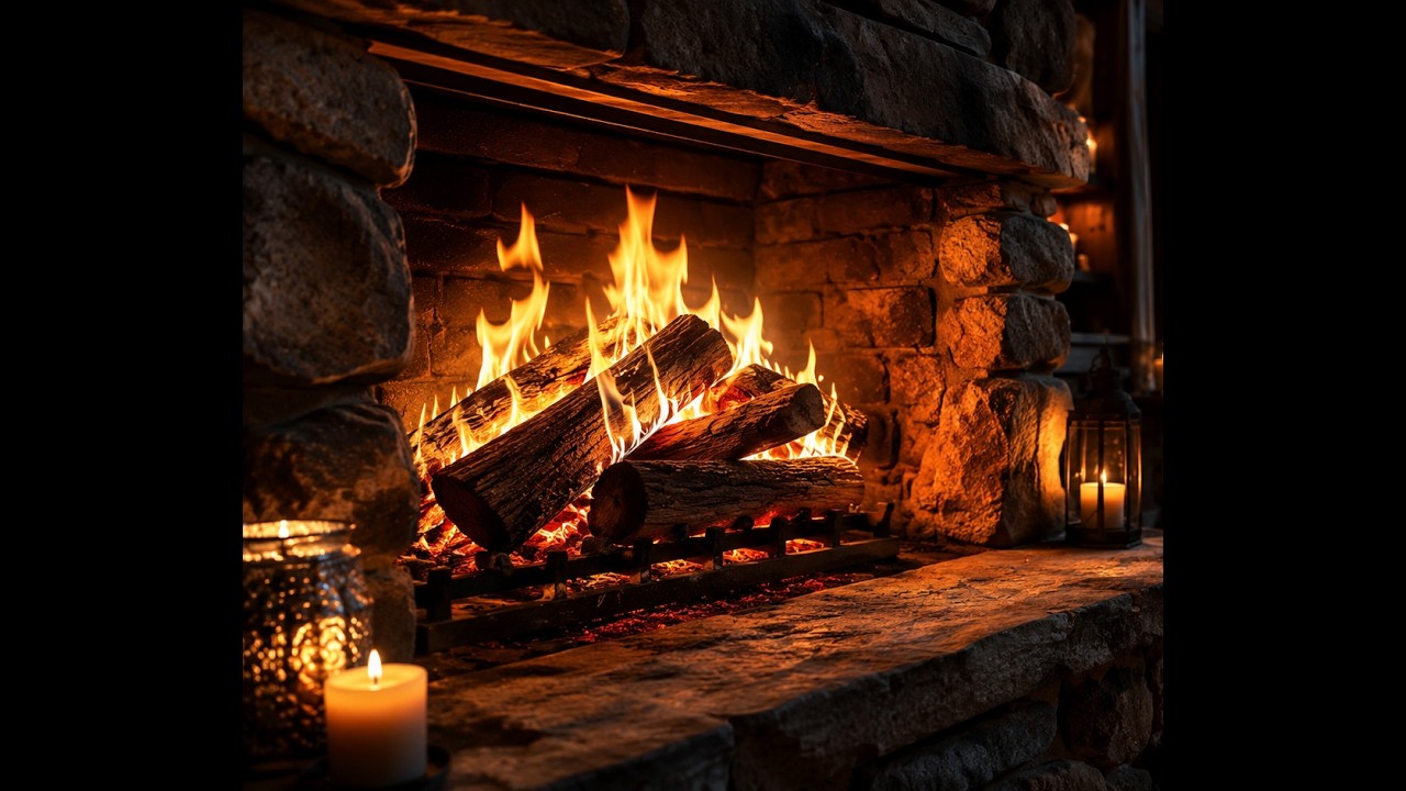 Luxury Stone Fireplace 🔥 Cozy Mountain Lodge Night  Real Fire Sounds for Sleep & Relax