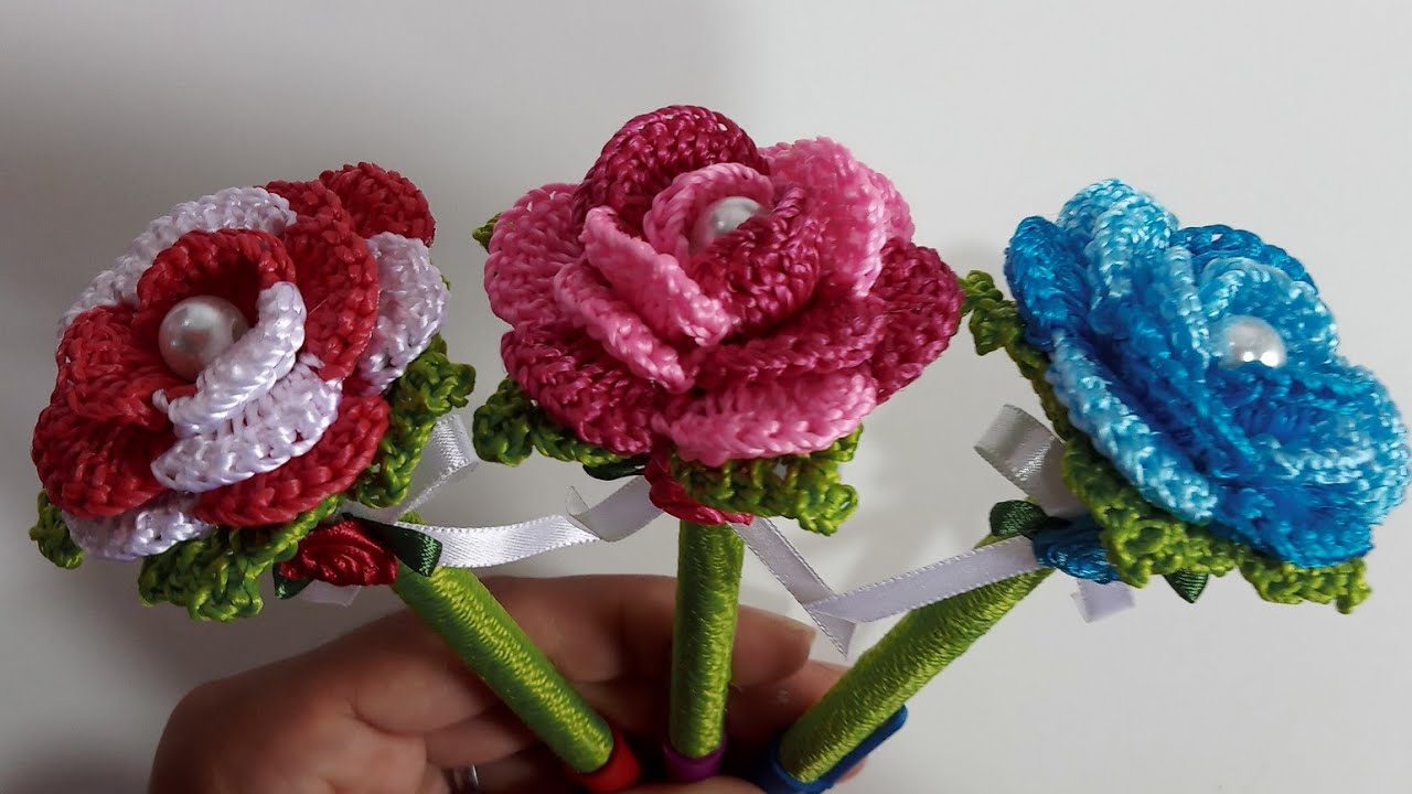 CANETAS DECORADAS COM FLOR DE CROCHÊ/PASSO A PASSO.