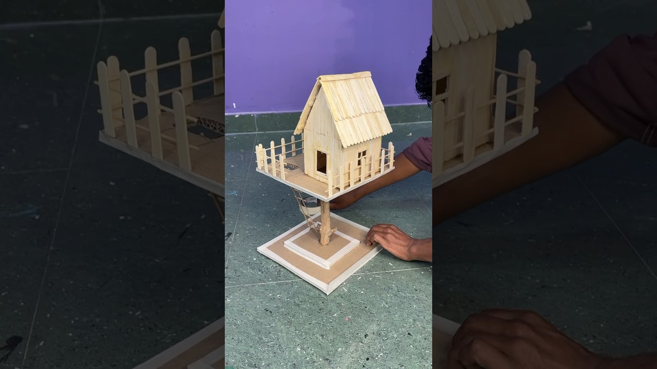 Tree house 3d crafts using ice cream sticks #shorts #youtubeshorts #house #diy #crafts