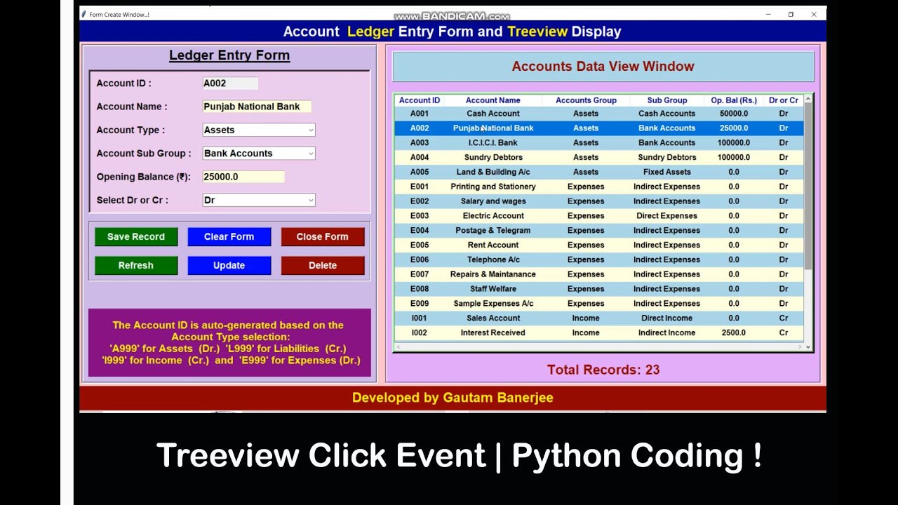 Click on Treeview to populate Accounts Ledger Entry Form | Python Tutorial