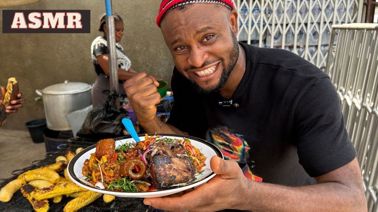 Mukbang Asmr Roasted Plantain,Beans and Fish. Street Food in Nigeria.