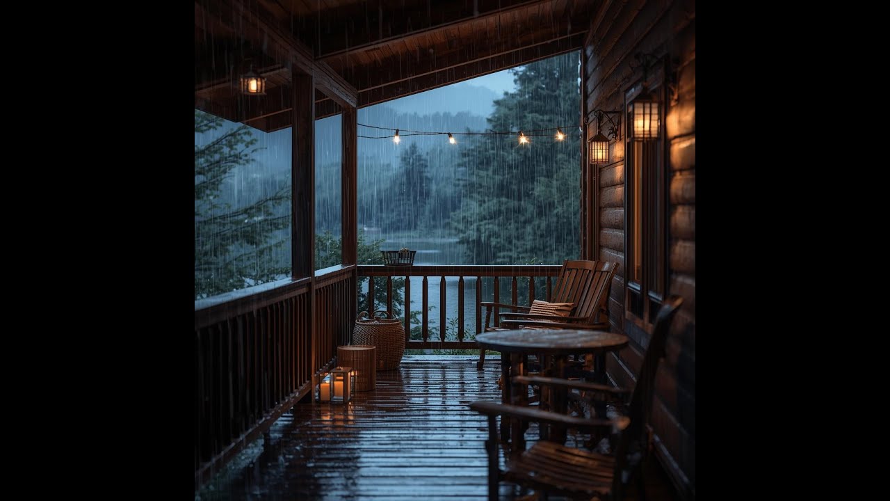 Raining on cabin porch - Rain and Thunder Sounds
