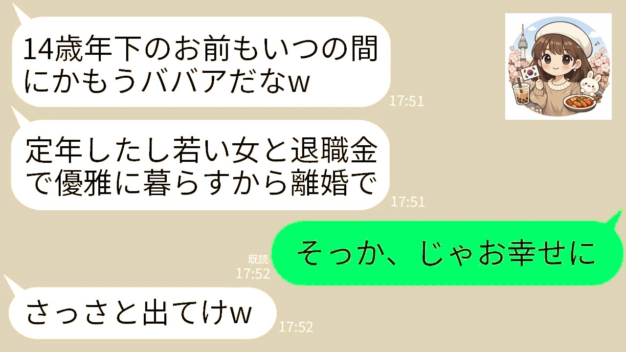 【LINE】若い女大好きの14歳年上の夫が定年直後に離婚宣告してきた「退職金で女とのんびり暮らすwお前は消えろw」→退職金目当ての女と夫が再婚した末路がwww