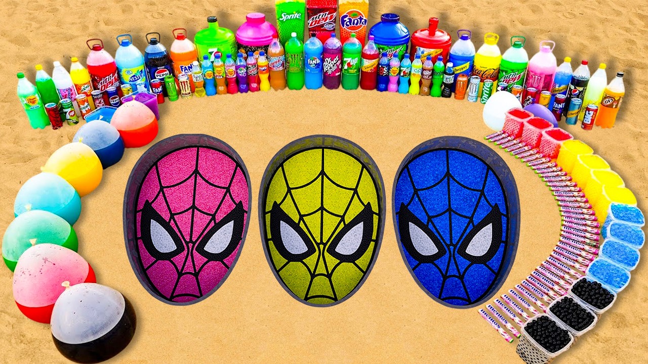 How to make Spiderman Family with Pink vs Yellow vs Blue Spiderman, Big Fanta, Coca Cola and Mentos