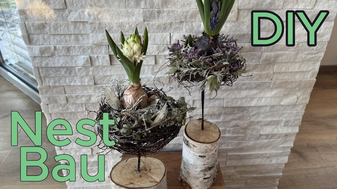DIY Der Frühling zieht langsam ein. Nest aus Naturmaterial auf einem Birkenstamm. 