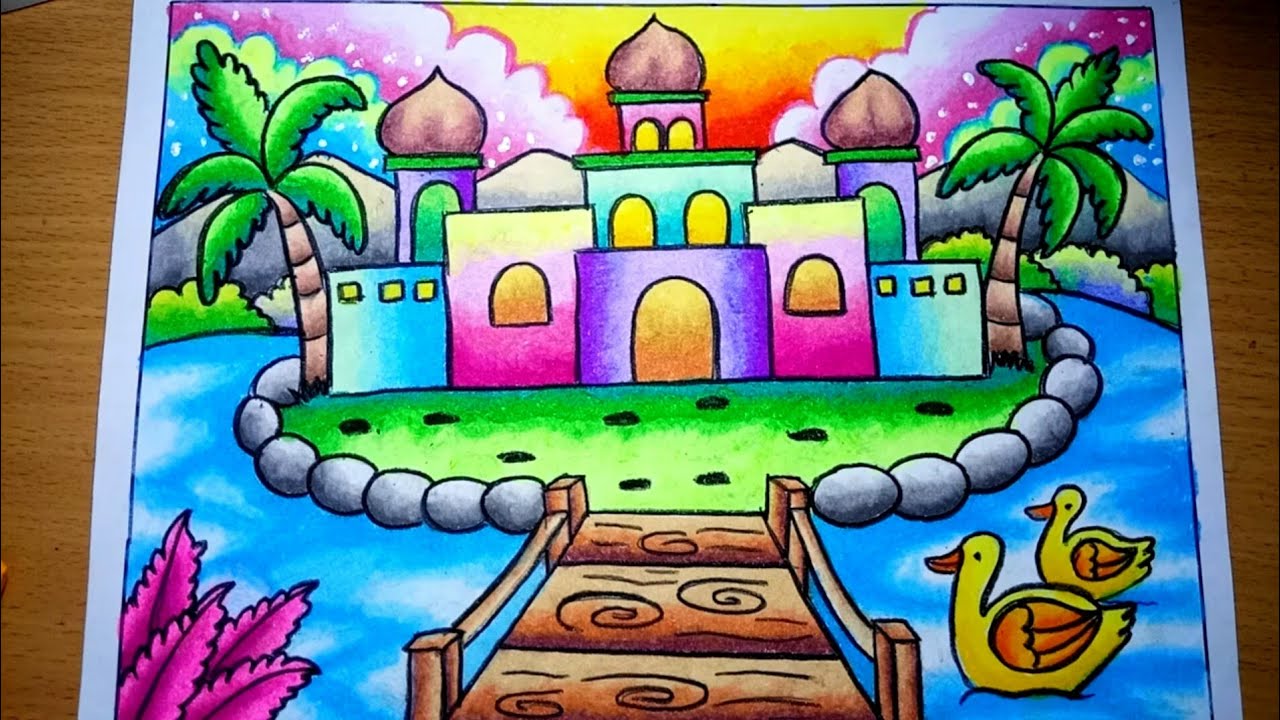 Cara menggambar Pemandangan pulau dan masjid yang mudah | Drawing scenery of mosque