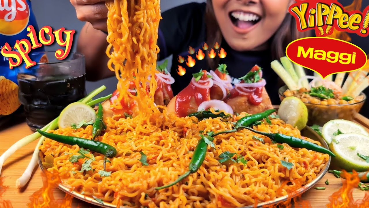 COOKING & EATING MAGGI + YIPPEE + SAMOSA CHALLENGE | MAGI & SAMOSA WITH GHUGNI EATING CHALLENGE ASMR