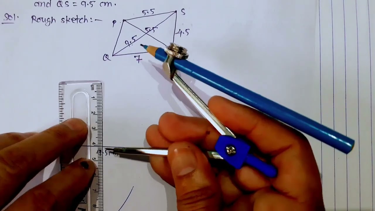 construct a quadrilateral PQRS in which QR=7 cm PR=PS=5.5 cm RS=4.5 cm and QS=9.5 cm.