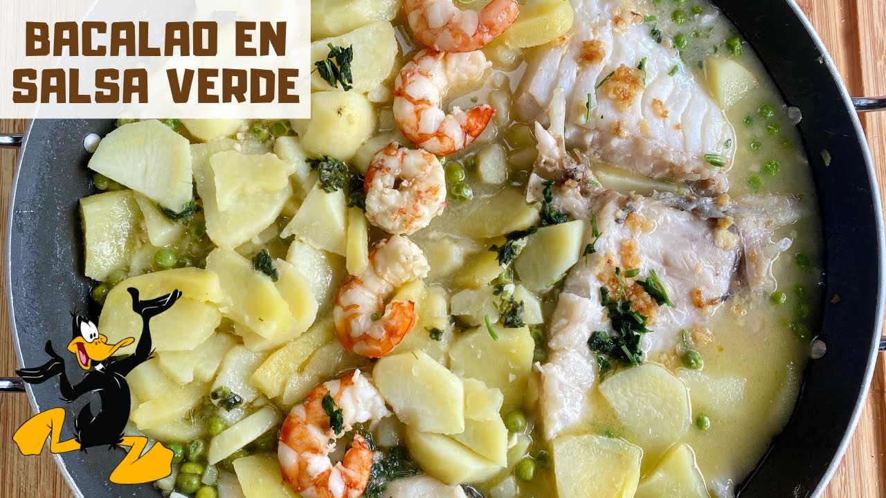 Bacalao en salsa verde con patatas, guisantes, gambas y vino blanco