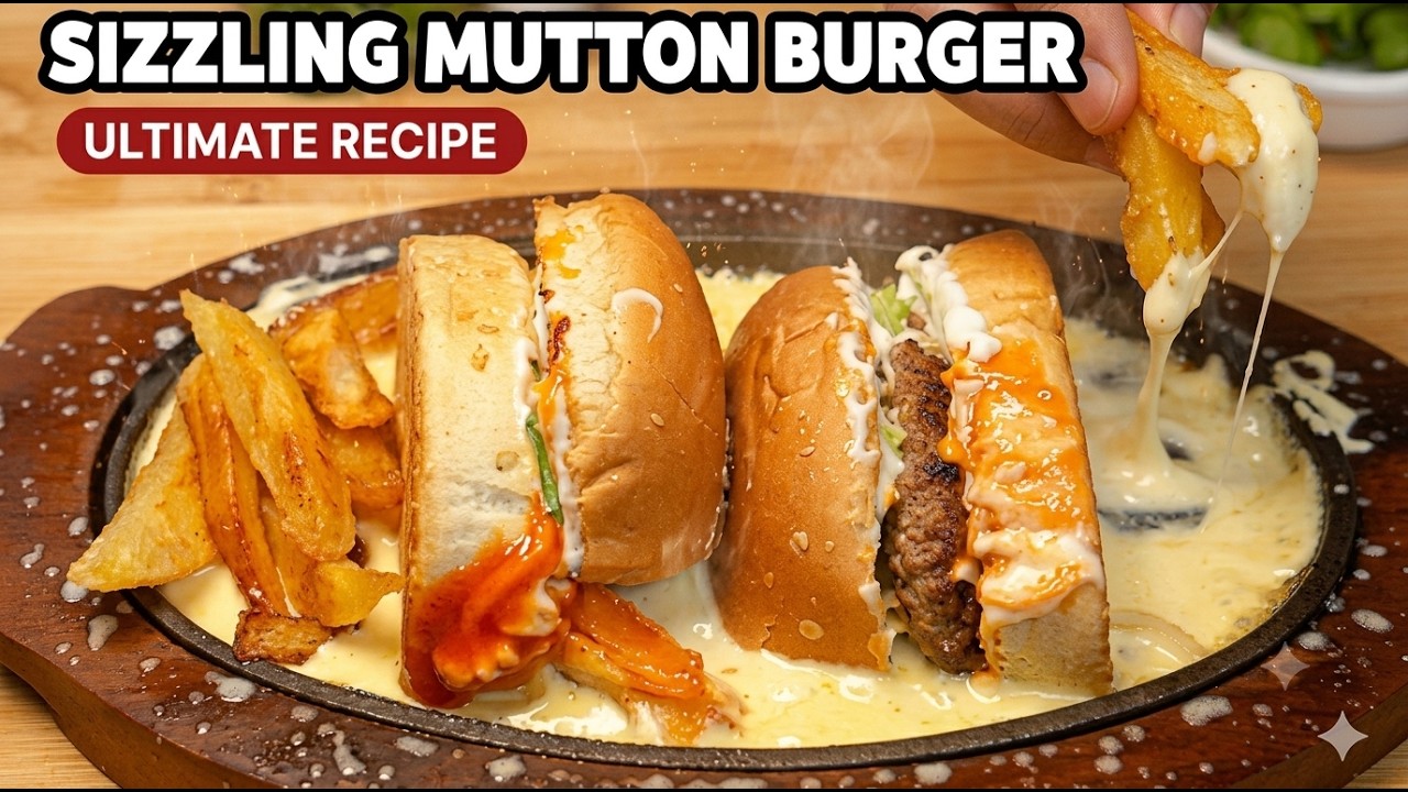Hot Sizzling Mutton Burger Recipe With Cheese Sauce | Sizzling Mutton Burger Recipe | Mutton Burger