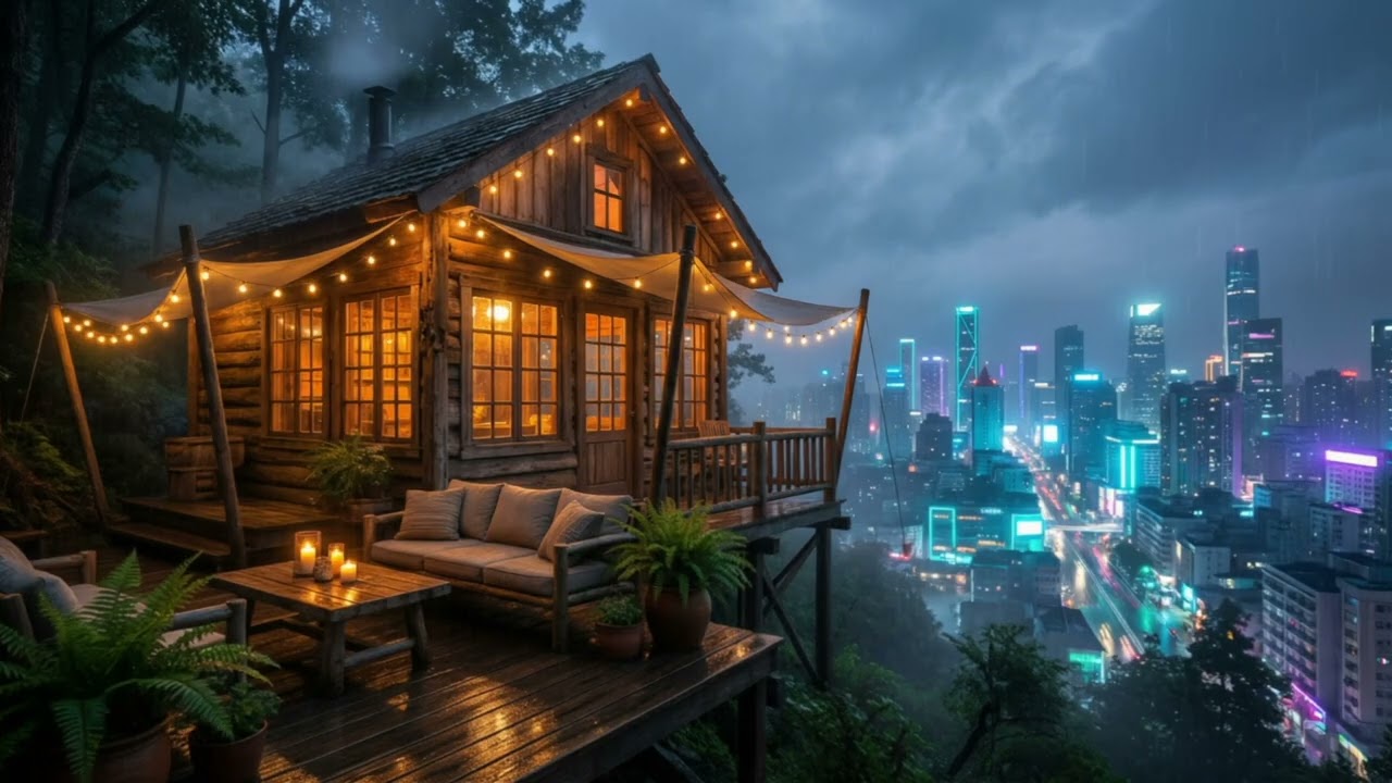 Cozy Treehouse Cabin Above the City 🌧️ Rainy Night Ambience | Calm Lights, Distant Skyline