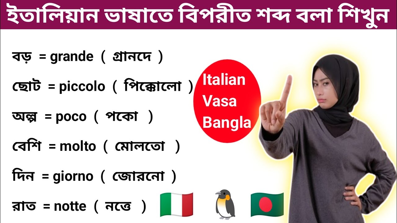 ইতালিয়ান ভাষাতে বিপরীত শব্দ বলা শিখুন। 100 টি গুরুত্বপূর্ণ বিপরীত ইতালিয়ান শব্দার্থ পার্ট ১। italian