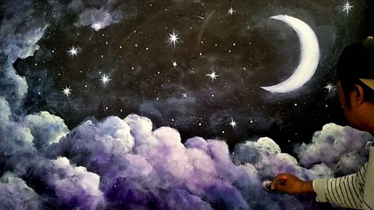 Dengan Spon Busa !! Lukis Dinding Langit Malam dan Bulan Sabit