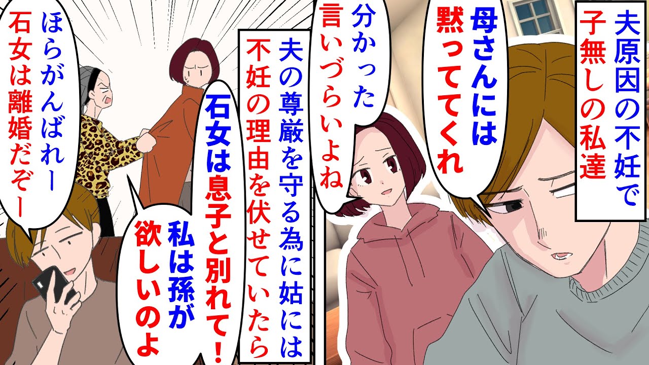 【漫画】夫「嫁なら母さんと上手くやれよ＾＾」夫原因の不妊で子無しの私達夫婦→夫が義母に理由を伝えるなと言うので尊重していたら石女として嫌がらせされ夫も同調するので…（スカッと漫画）【マンガ動画】
