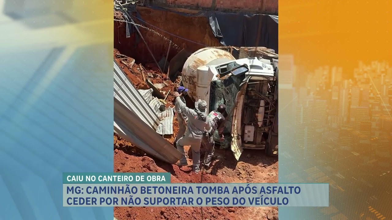Caminhão betoneira tomba em canteiro de obras após asfalto ceder no interior de MG