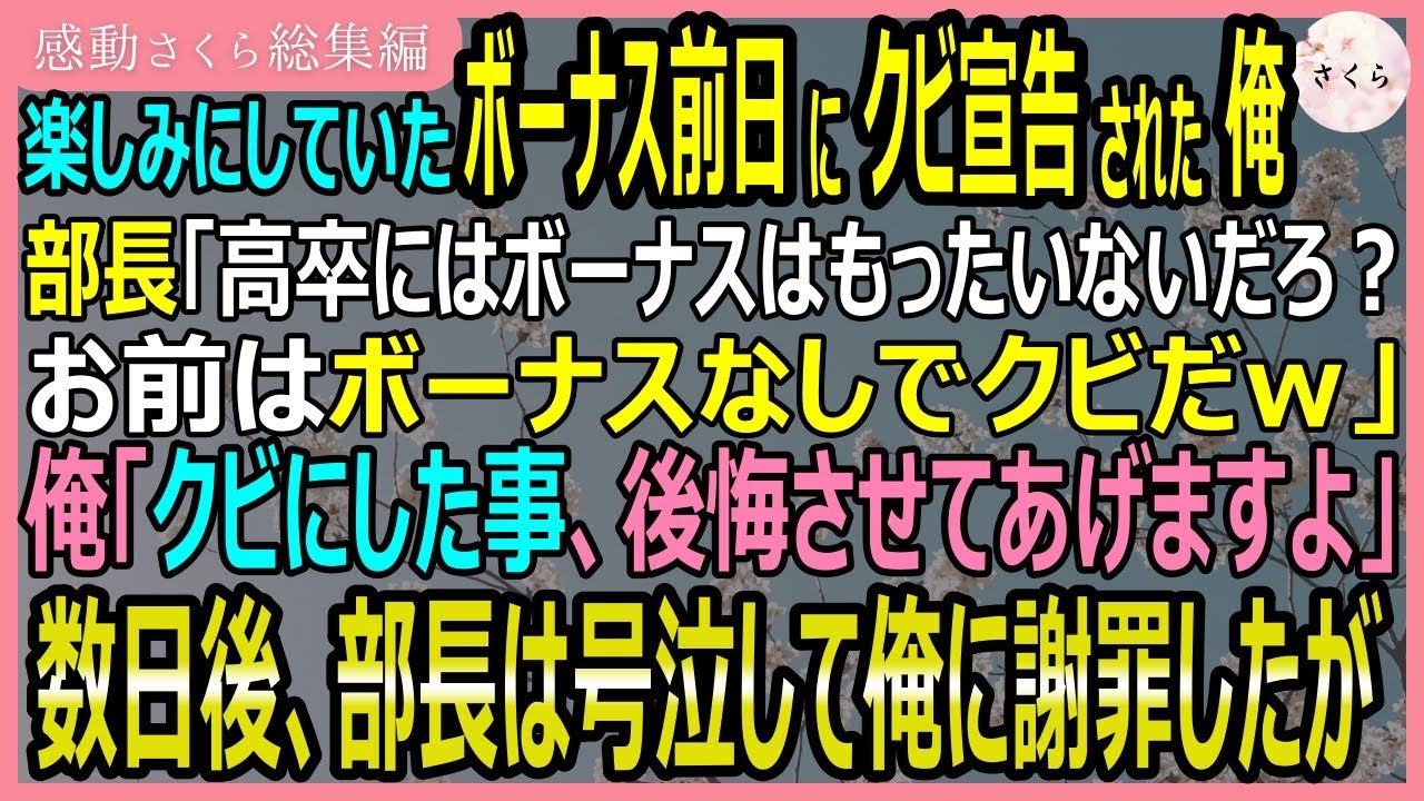 【感動する話・総集編】楽しみにしていたボーナス前日に部長のせいでクビにされた俺。部長「高卒にボーナスはもったいないｗボーナスはやらんｗ」俺「後悔しますよ」【いい話・スカッと・スカッとする話・朗読】