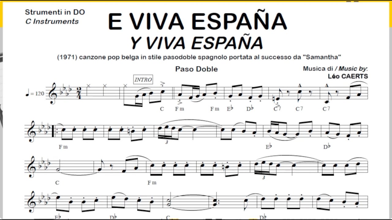 E VIVA ESPAÑA (Y VIVA ESPAÑA) paso doble: Playback Partitions Do Si♭ Mi♭ (avec Bass) pour Accordéon