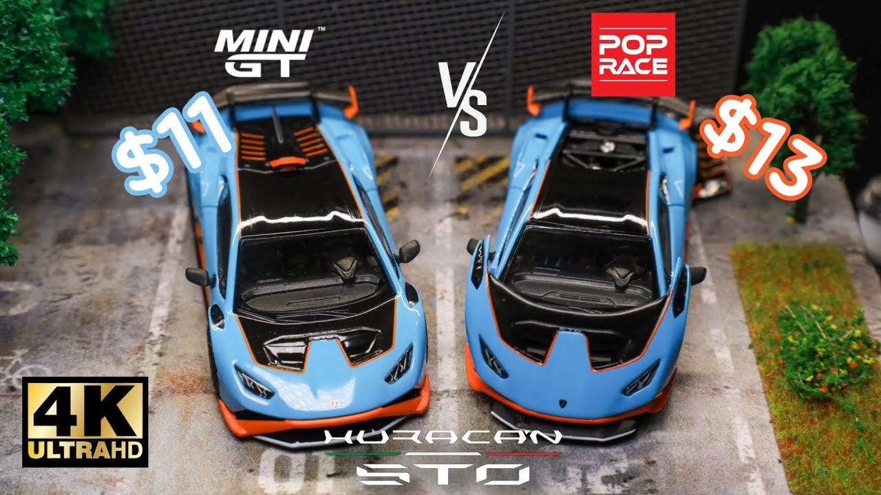 Mini GT vs Pop Race 1:64 — Lamborghini Huracán STO l Cinema Shot 4K, литье под давлением