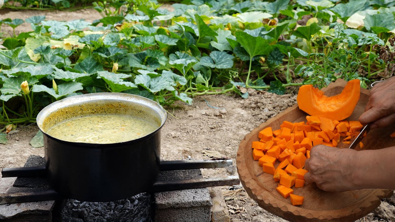 Pumpkin Ash, Traditional food of northern Iran | Cooking rural style food | village life