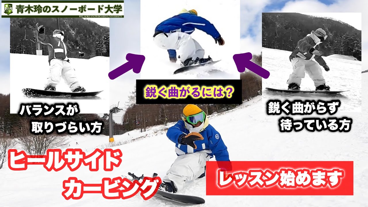 ヒールサイドカービング公開レッスン【ヒールエッジの乗り方】バランス確保と鋭いエッジングの両立。深く鋭くカービングするには、カカトではなくふくらはぎ周りの使い方がポイント！どんな姿勢で動いたら良いのか？