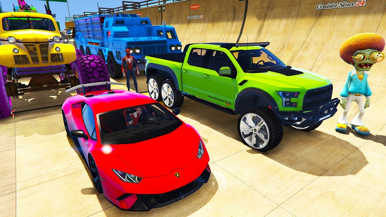 GTA V Superheroes SPIDERMAN Color BLOCKS Race Challenge with Super Cars | GTA 5 Hulk SEA Stunt Race