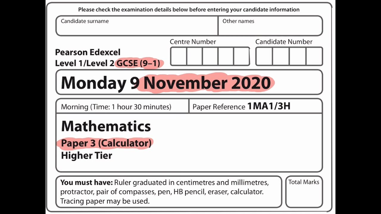 GCSE Mathematics November 2020 - Paper 3H (Calculator)