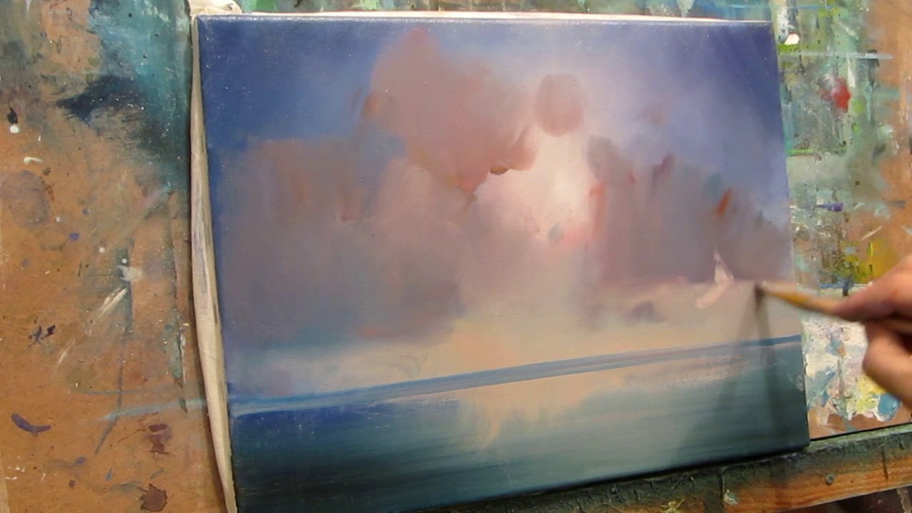 Ocean. The sun's rays through the clouds. Oil painting.