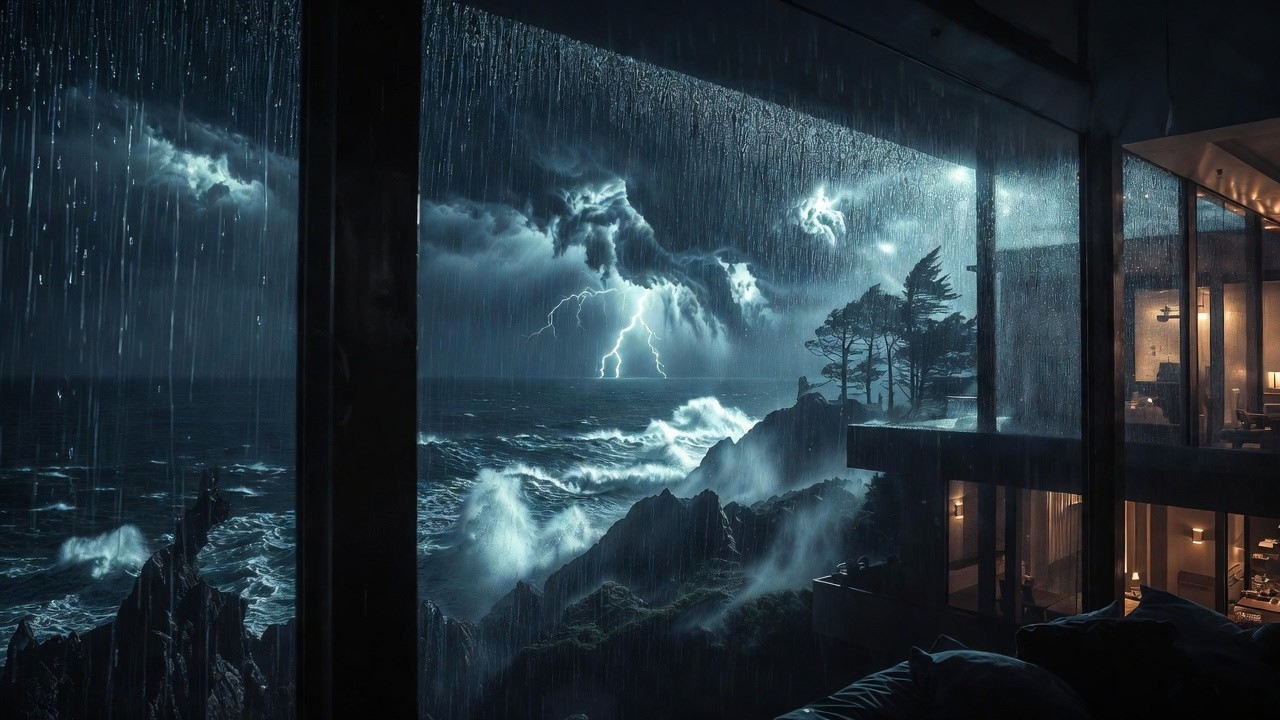 Panoramic Window Storm View 🌧️⚡ Ocean Thunderstorm Sounds for Sleep (3 Hours No Music)