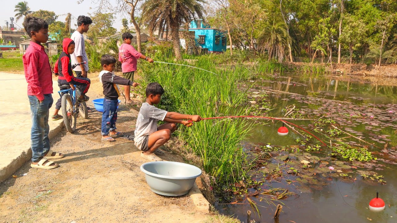 Fishing Video || Little fishermen are fishing with hooks in the village Pond || New hook fishing