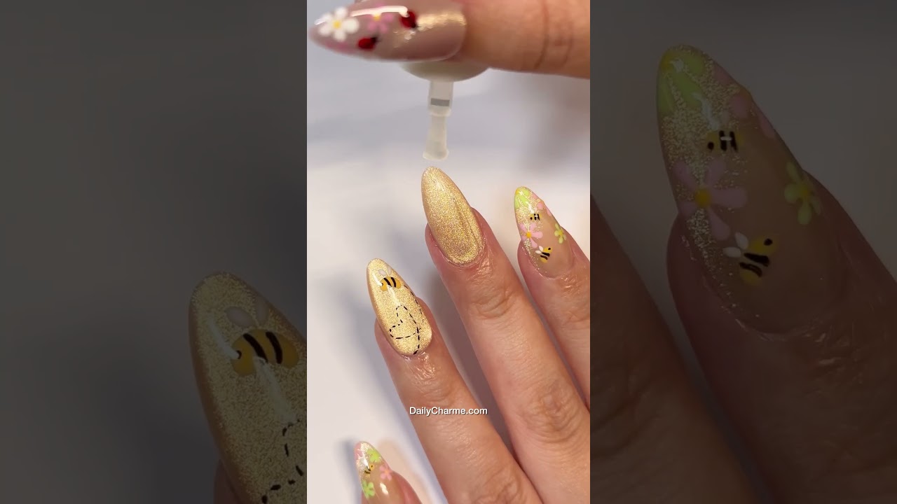 POV: You found the cutest cat eye honey bee nail tutorial 🐝🍯🌸