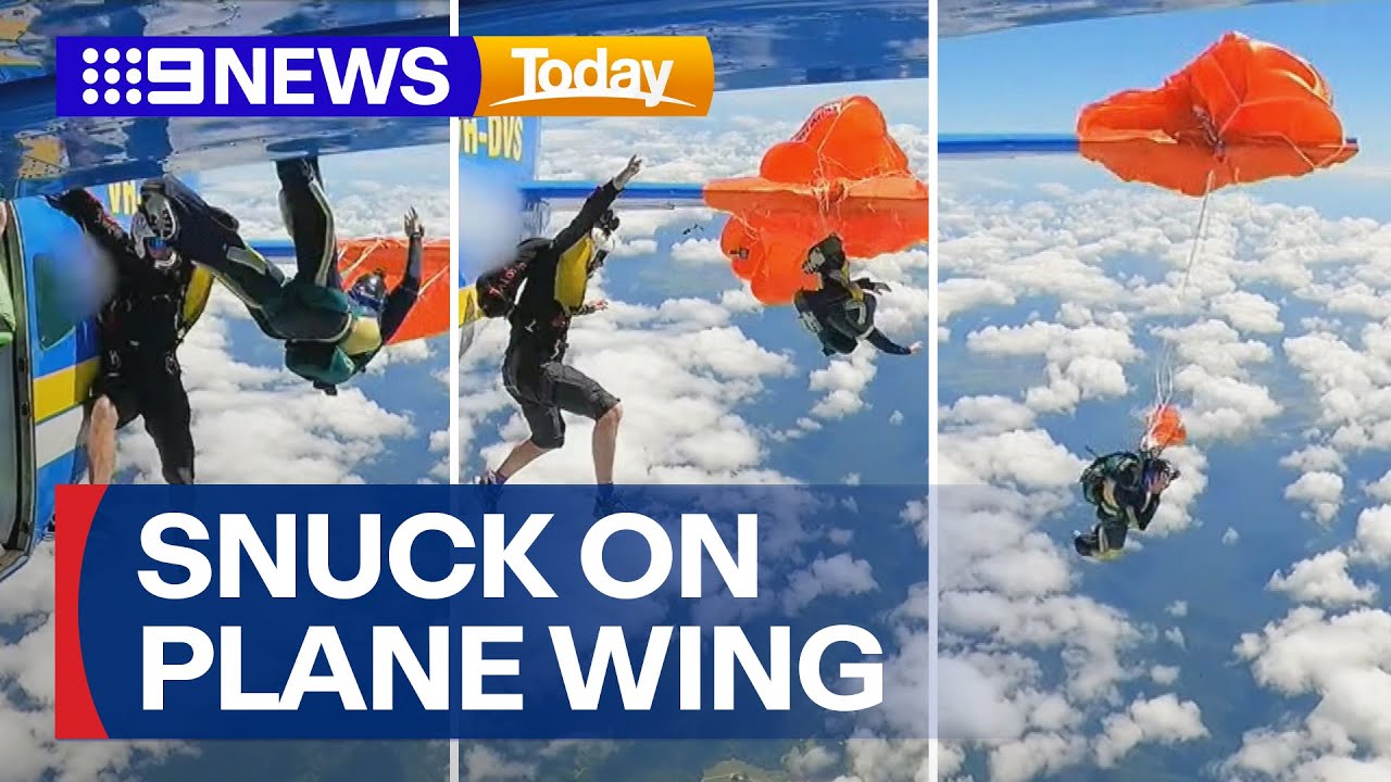 Heart-stopping moment skydiver gets stuck on plane as parachute snags | 9 News Australia