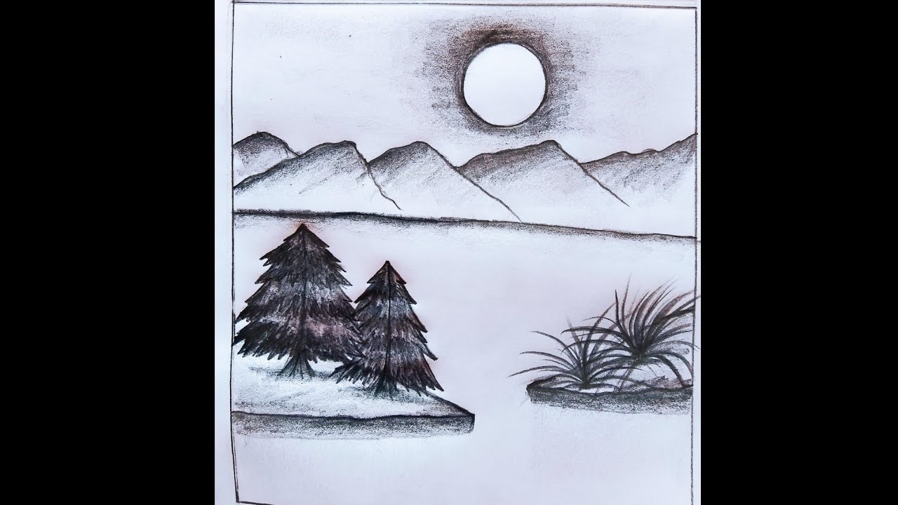 Easy Moonlight Landscape Drawing | Simple Nature Scenery with Pencil