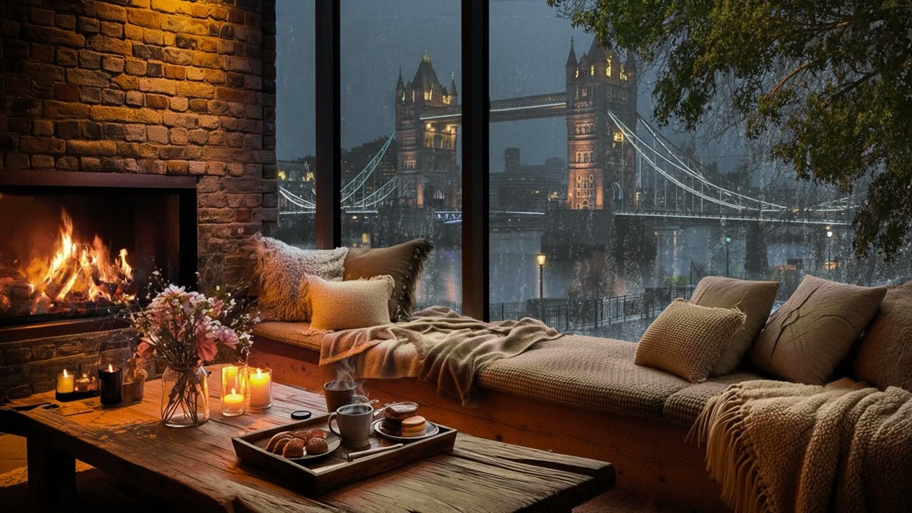 Cozy Rainy Living Room 🌧️ Fireplace & Window Rain Sounds for Deep Sleep
