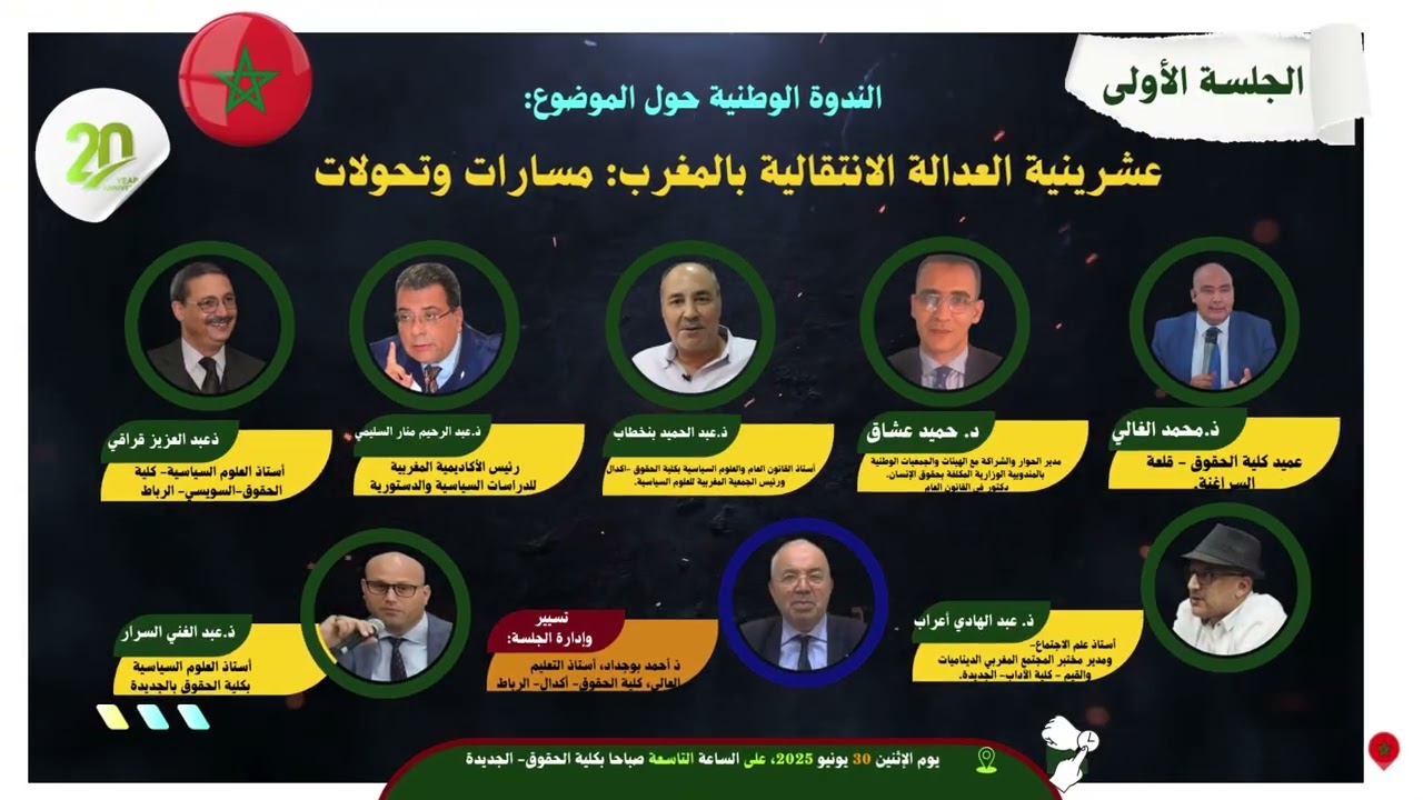 برنامج الجلسة الأولى: من الندوة الوطنية حول موضوع:عشرينية العدالة الانتقالية بالمغرب: مسارات وتحولات