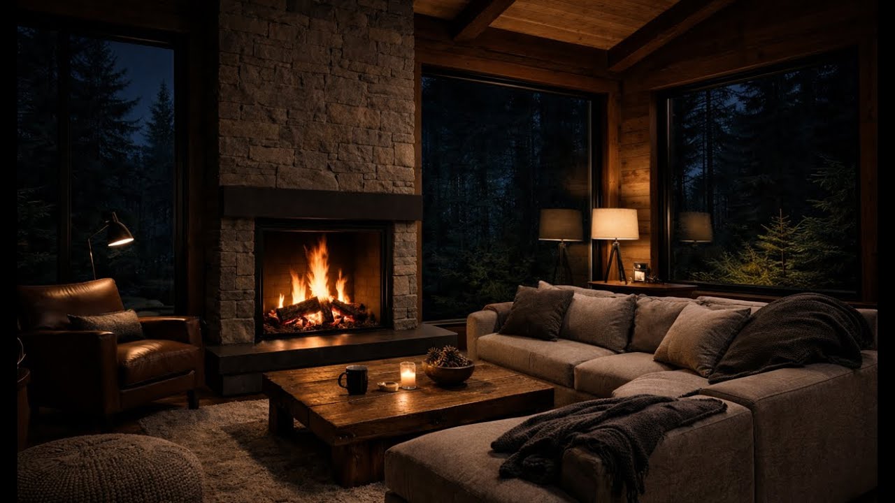 Mountain Cabin Fireplace 🔥 Cozy Night Ambience (8 Hours) | Crackling Fire Sounds | No Music