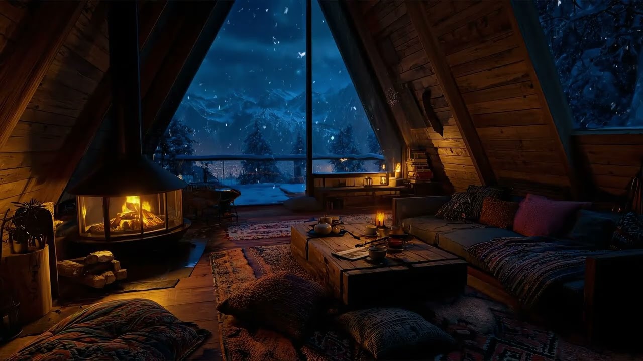 Noche de Nevada con Fuego en la Chimenea — Ambiente Invernal para Descanso Profundo