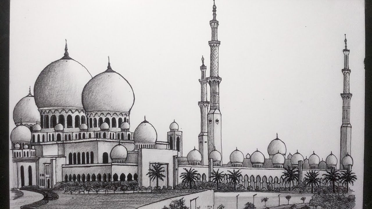 cara menggambar masjid dengan pensil dan pena | drawing mosque