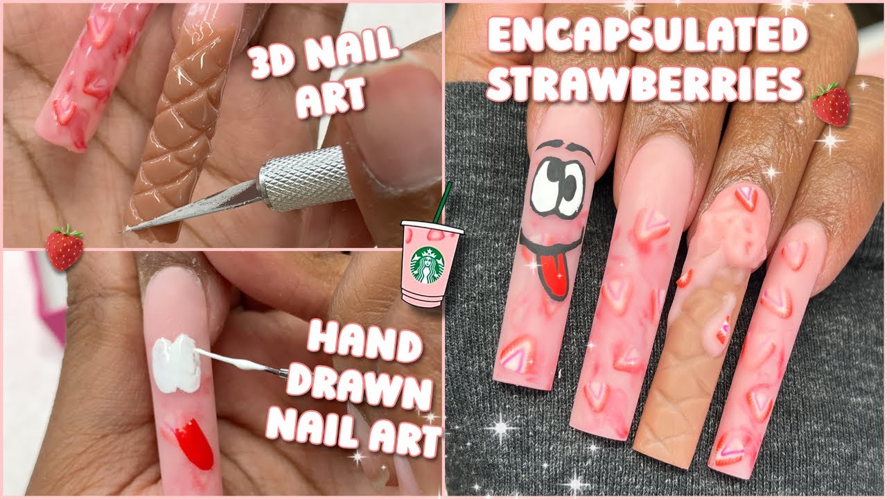 Pink Drink Strawberry Encapsulated Nails! 3D Ice Cream Nail Art | Makartt Polygel Tutorial