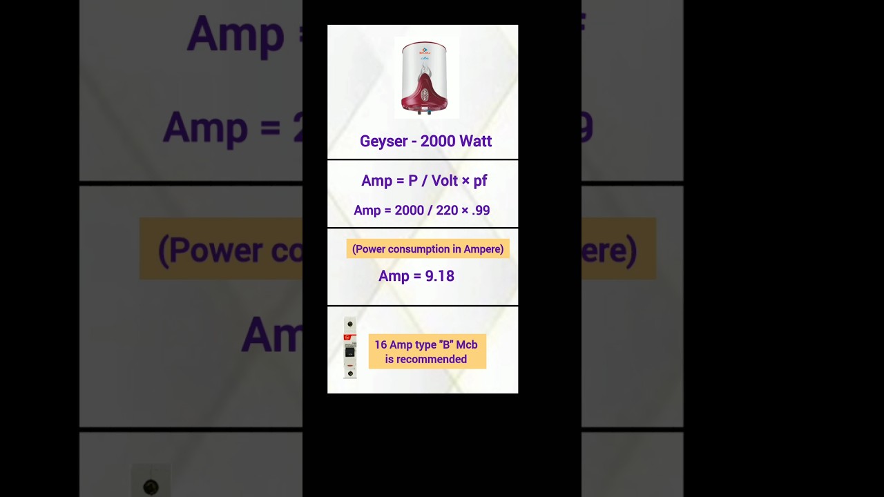 Geyser Full Load Ampere Current Calculation #geyser #ampere #mcb