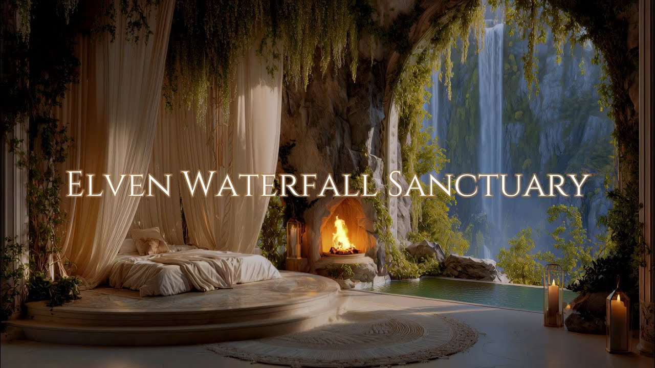 Elven Waterfall Sanctuary | Cozy Fireplace Bedroom & Ethereal Elven Vocals for Sleep & Relaxation