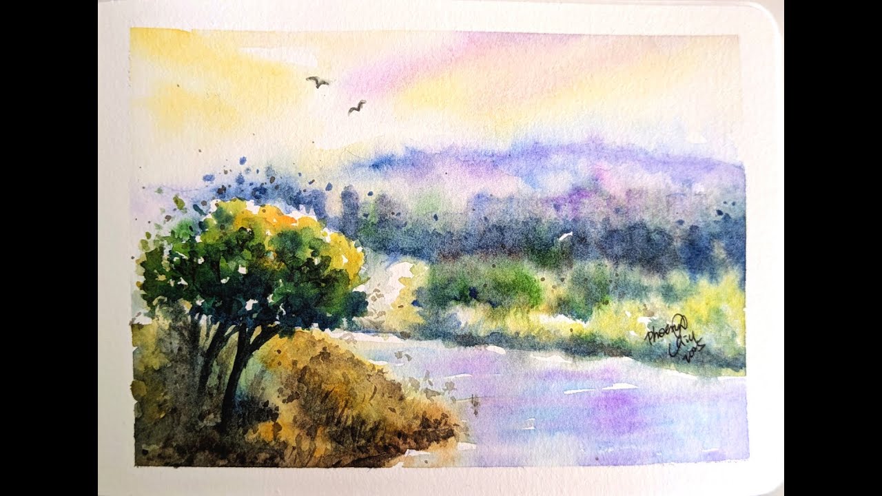 Watercolor River Painting Demonstration 水彩示範溪流 Faber Castell Watercolor Relaxing music 輝柏固體水彩 中壢老街溪