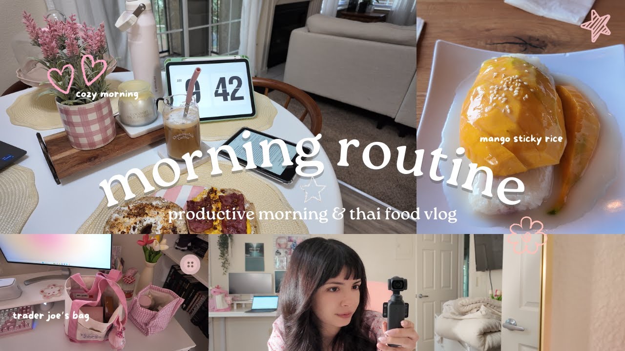 productive morning vlog 🎀 | thai food, get ready with me, book chit-chat